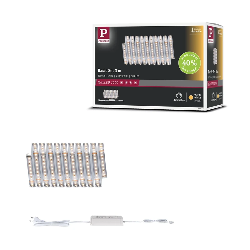 Paulmann 71242 MaxLED 1000 LED Strip Warm White Basic Set 3m 22W 1100lm/m 128 LEDs/m 2700K 40VA