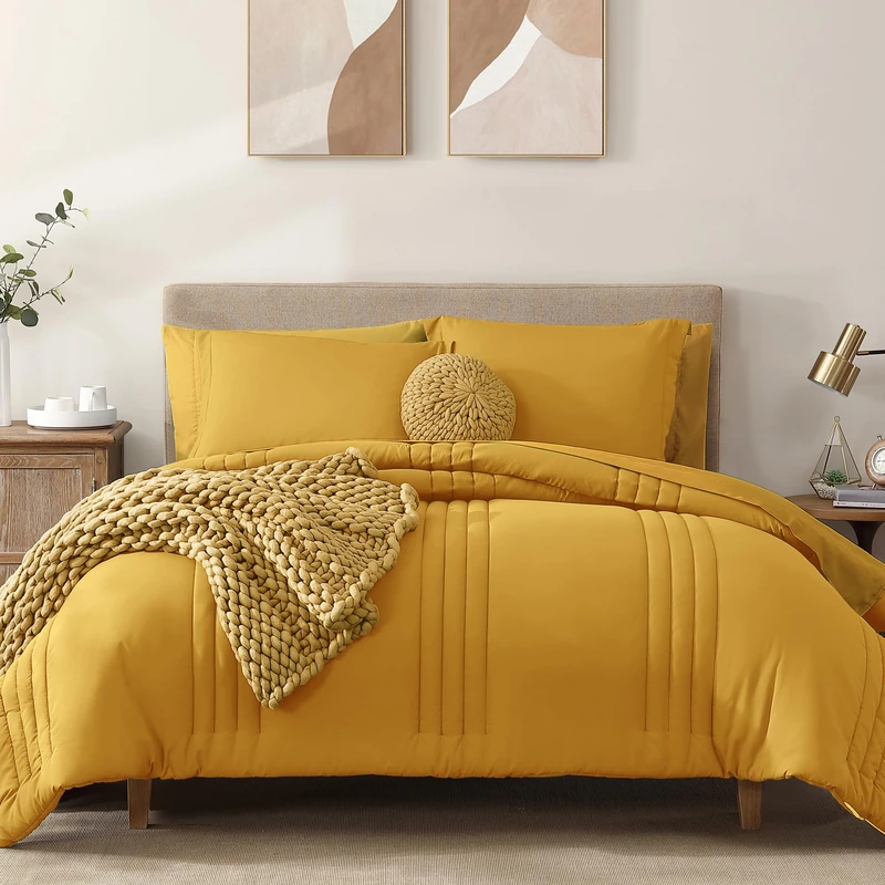 Queen Comforter Set-7 Pieces Yellow Soft Bed in a Bag Queen Bedding Sets