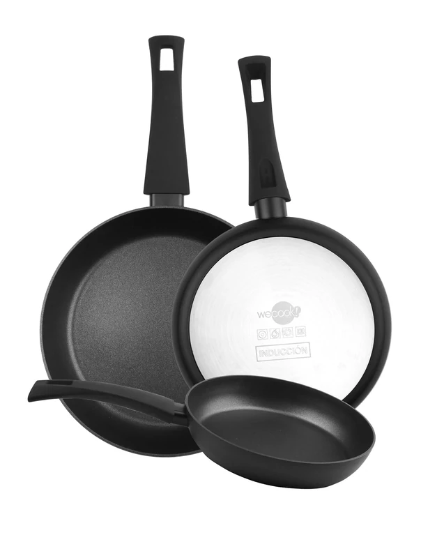 WECOOK! Ecogreen Set of 3 Non-Stick Frying Pans 18-22-26 cm Pressed Aluminium – Suitable for All Induction, Gas and Ceramic Hobs, PFOA Free, Soft Touch Handle, Black