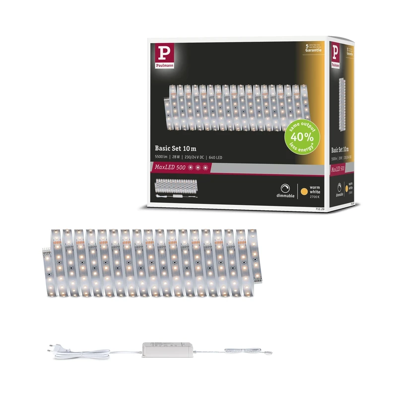 Paulmann 71229 MaxLED 500 LED Strip Warm White Basic Set 10m 28W 550lm/m 64 LEDs/m 2700K 40VA