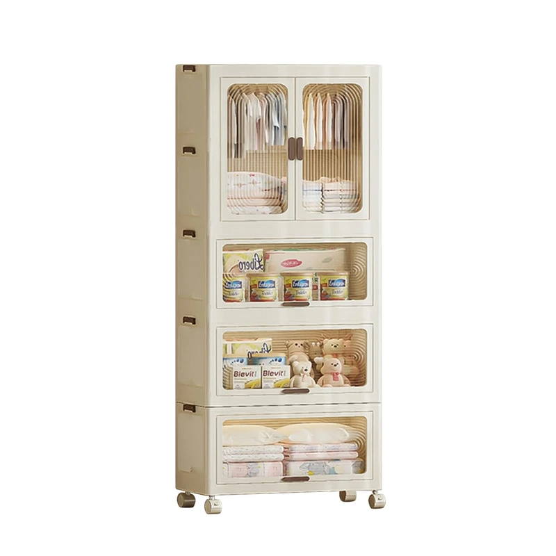 Collapsible Wardrobe, Portable Cabinet, Plastic Folding Chest of Drawers with Clothes Rail, Wardrobe with Double Doors, Foldable Multipurpose Cabinet with Wheels (1 Hanger + 3 Storage)