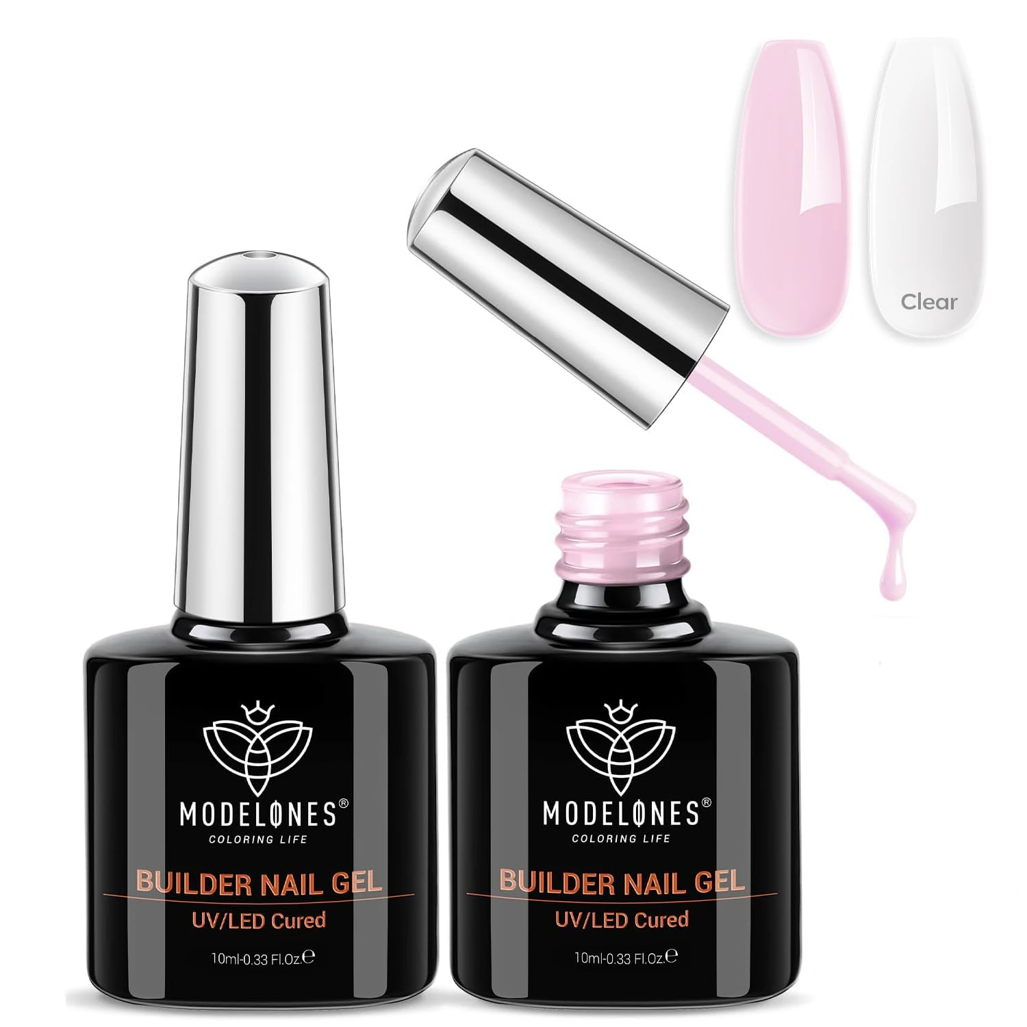 Modelones Builder Gel Set, 2 Pcs 10ml Clear and Baby Pink Builder Gel in a bottle, Nail Strengthener Extension Gel Builder for Nail, LED UV Lamp Cured Hard Gel
