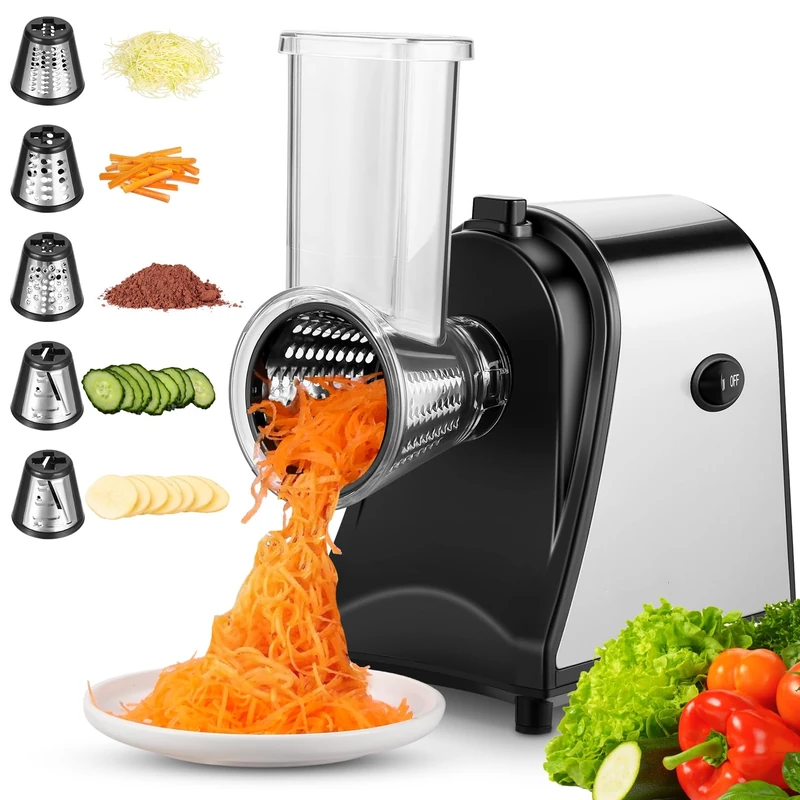 COOCHEER Vegetable Slicer, Electric Stainless Steel, 250 W Electric Vegetable Slicer, Cheese Grater, Multifunctional Chopper with 5 Blades for Potatoes, Carrots, Onions
