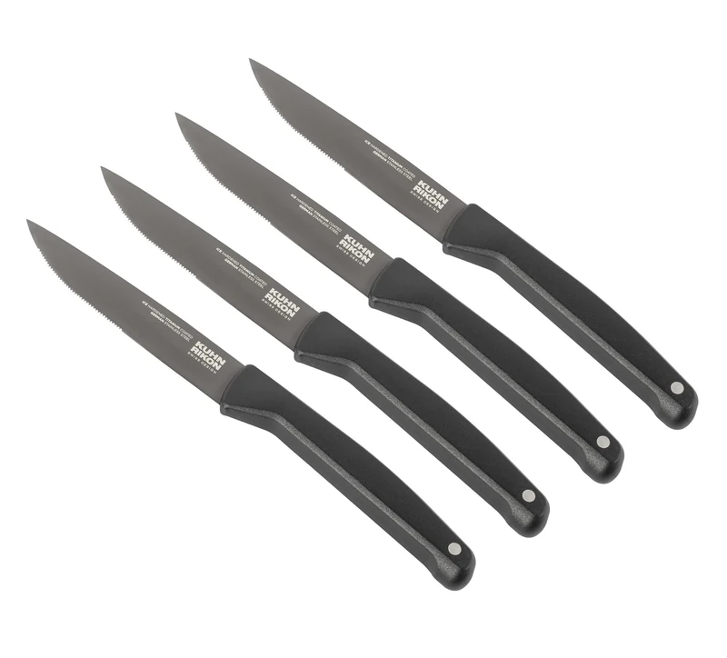 KUHN RIKON Iced Steak Knife 4-Piece Set with Serrated Blade and Weighted Handle. Total Length = 22.5cm. Blade Length = 10.5cm. Crafted from Ice Hardened German Stainless Steel. Corrosion Resistant.