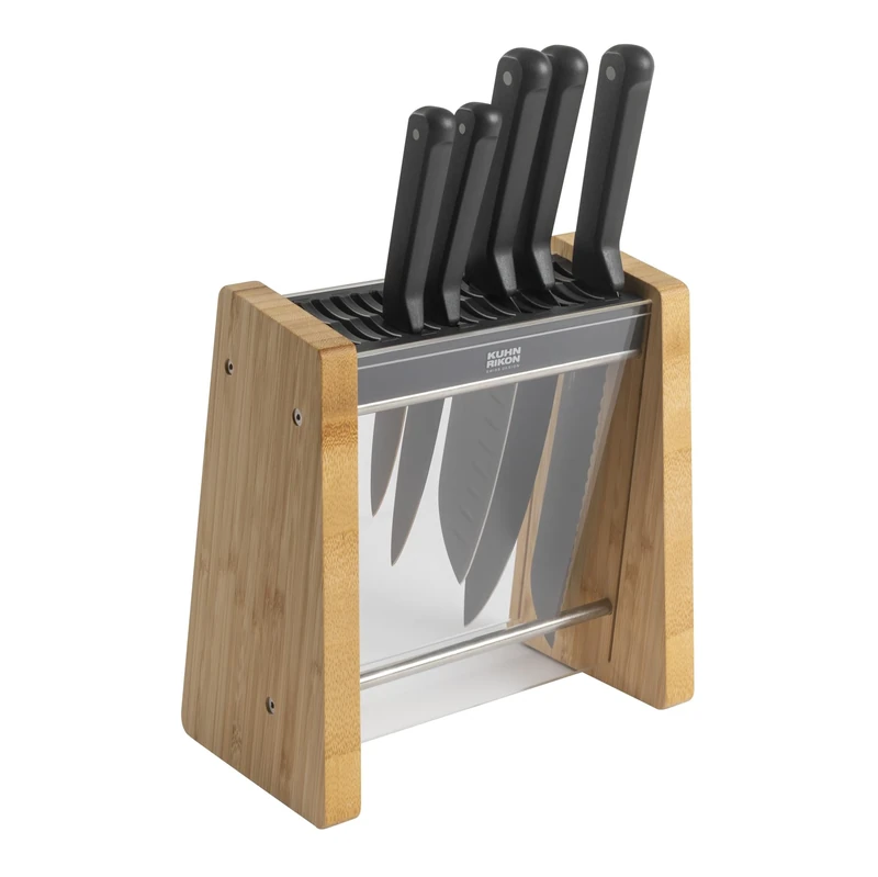 Kuhn Rikon Iced Bamboo Knife Block + Iced Knife 6-Piece Set. Crafted with Ice Hardened German Steel and Sustainable Bamboo. Sharp Blades with Safe, Visible Storage in Transparent Plexiglas Stand.