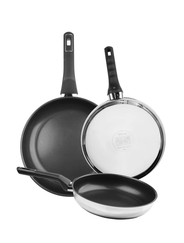 WECOOK! ETERNA – Set of 3 Frying Pans 18/10 Stainless Steel with Non-Stick Quantanium, 20-24-26 cm, Induction, PFOA Free, Ergonomic Handle, Dishwasher Safe and All Types of Cookers