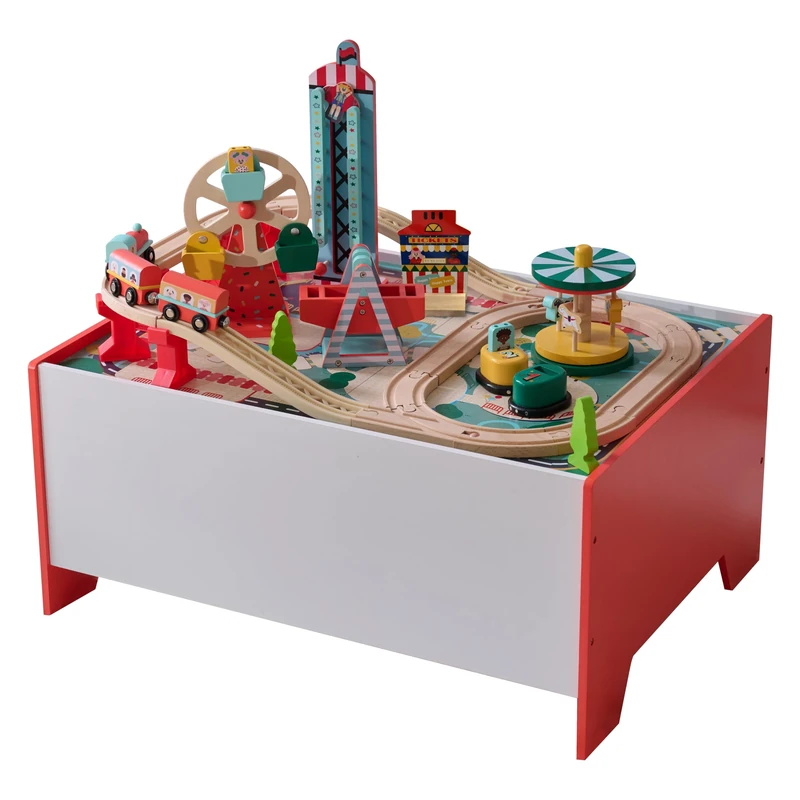 Teamson Kids Wooden Train Set Activity Play Table with 6 Mini-Games Storage Box