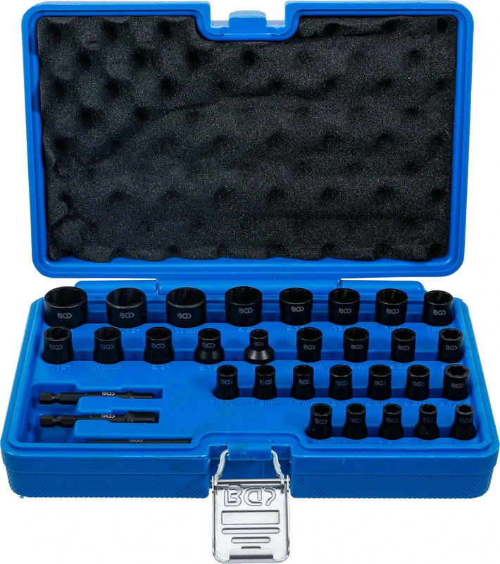 BGS 74560 | Twist Socket Set (Spiral Profile) / Screw Extractor | 6.3 mm (1/4") / 10 mm (3/8") Drive | Metric and Inch Sizes | 32 pcs.