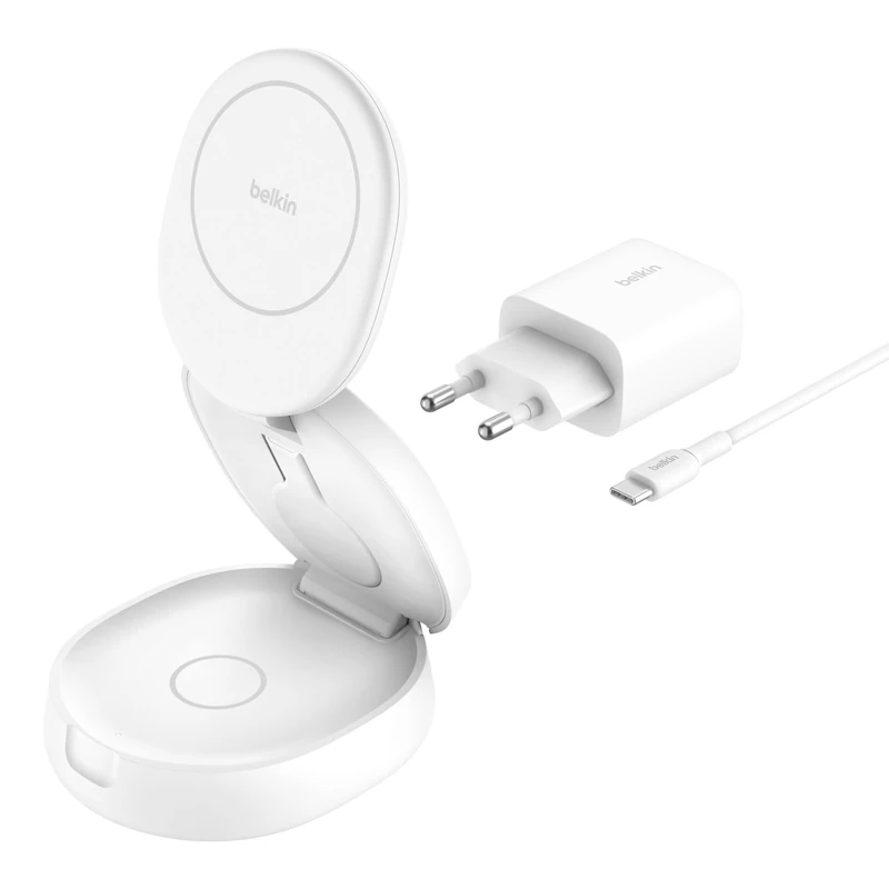 Belkin MagSafe-Compatible Charger, 3-in-1 Convertible Wireless Charging Station, Qi2-Certified 15W Wireless Charger for iPhone 16, Apple Watch, AirPods with Non-Slip Base, 36W Plug Included - White