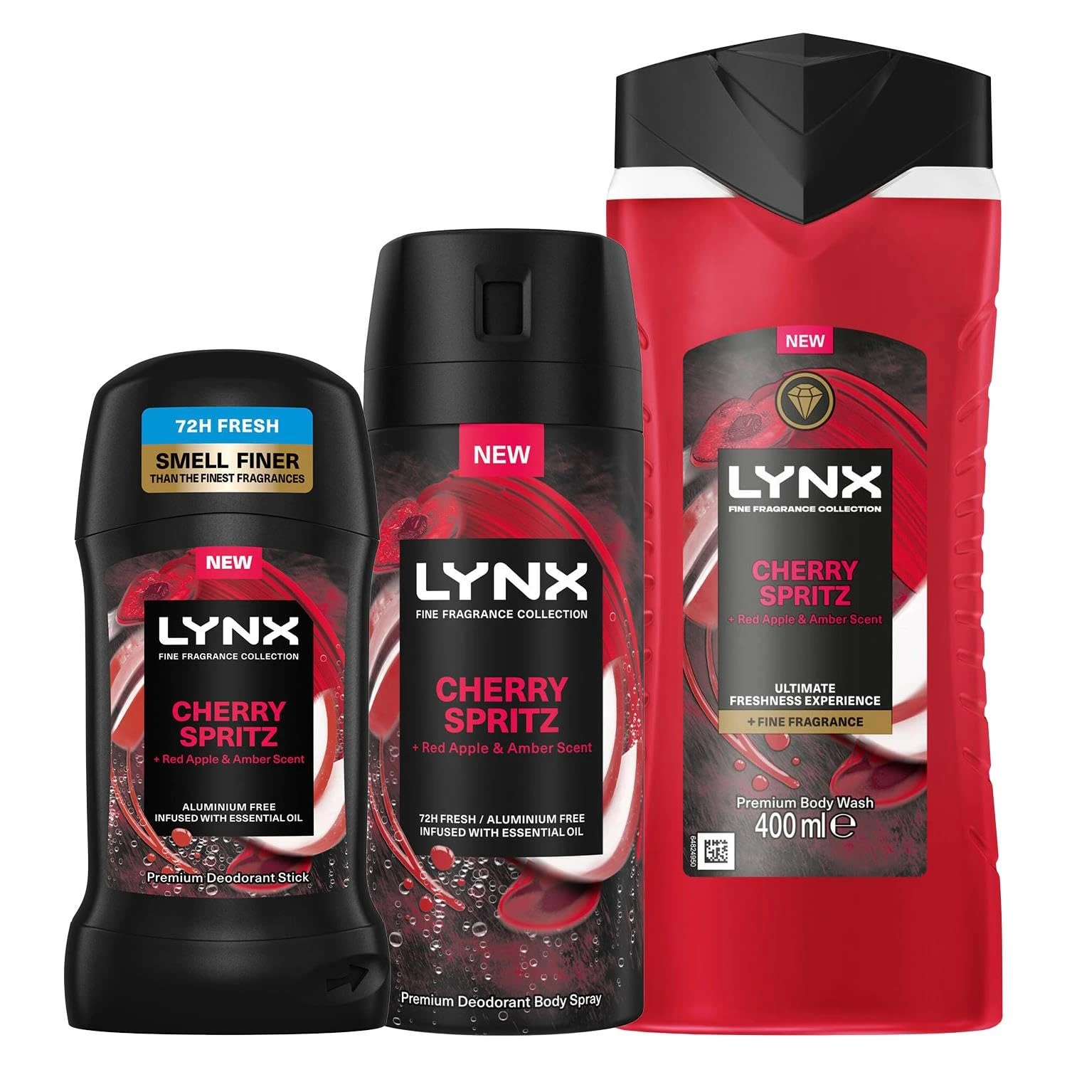 Lynx Fine Fragrance Collection of Cherry Spritz Body Spray 150ml and Deodorant Stick 50ml with Body Wash 400ml Infused with a Cherry, Red Apple and Amber Scent for Long Lasting Freshness