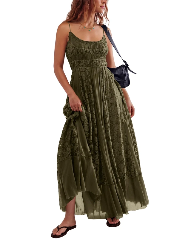 Gacaky Summer Dress for Women Casual Lace Floral Embroidered Bohemian Maxi Dress Flowy A Line Beach Long Dress, Green, L