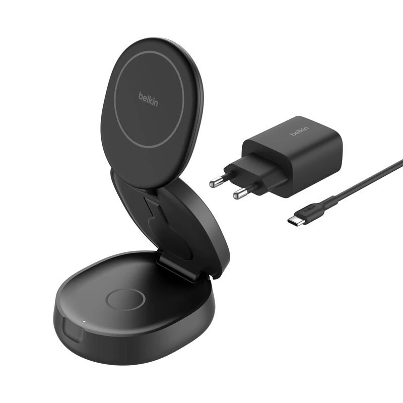 Belkin MagSafe-Compatible Charger, 3-in-1 Convertible Wireless Charging Station, Qi2-Certified 15W Wireless Charger for iPhone 16, Apple Watch, AirPods with Non-Slip Base, 36W Plug Included - Black