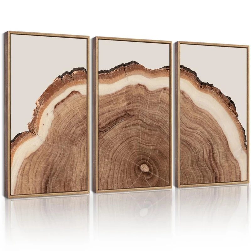 KUVIOKE Framed Tree Rings Wood Wall Art Modern Retro Beige Wood Stump Wall Decor Nature Rustic Artwork for Farmhouse Living Room Bedroom Decor 16x24in (Natural Framed)