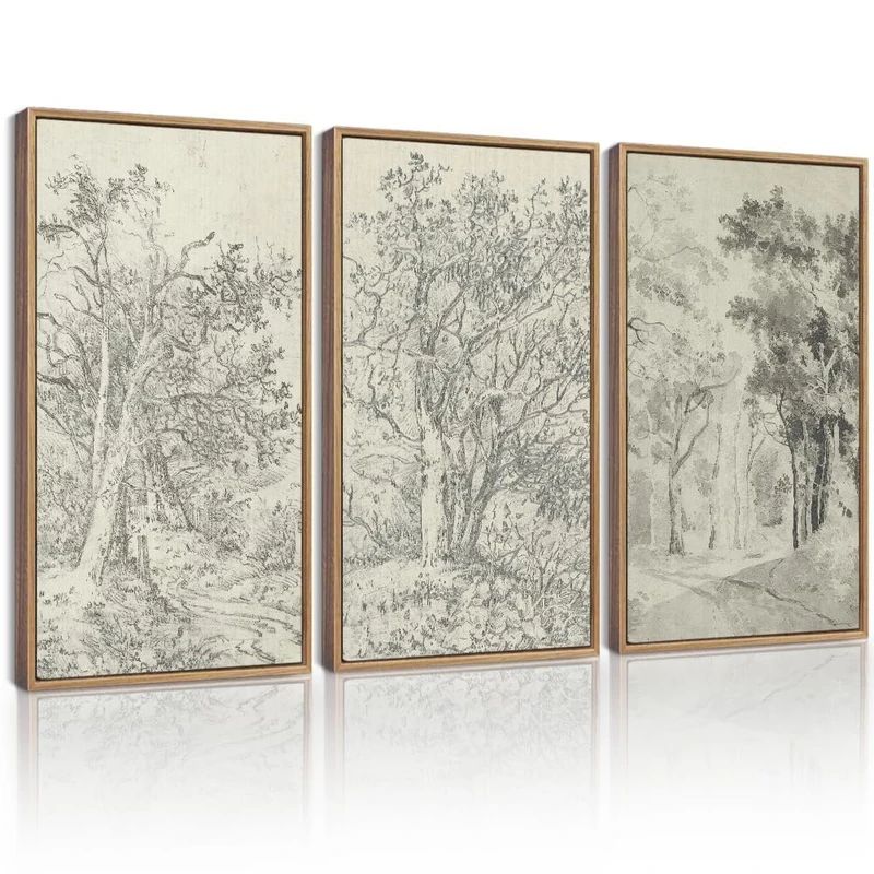KUVIOKE Vintage Tree Framed Wall Art Retro Forest Paints Nature Wilderness Sketch Wall Painting Modern Landscape Decor 16x24in (Natural Framed)