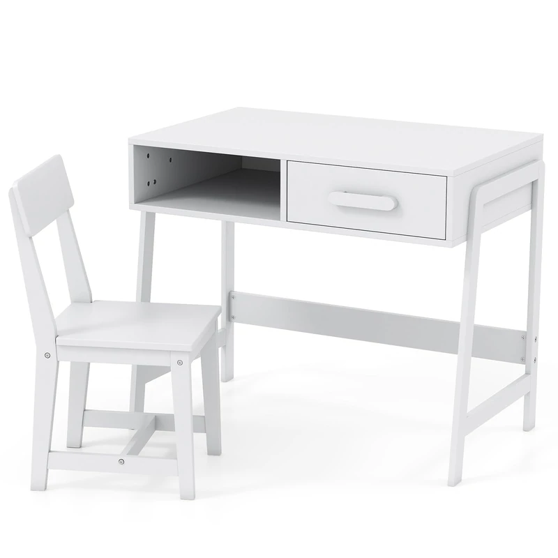 GYMAX Kids Desk and Chair Set, Children Writing Table with Drawer and Storage Hutch, Wooden Student Study Desk Set for Boys Girls, 85x48x70cm (White)
