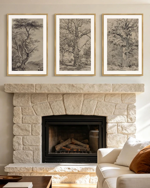 KUVIOKE Vintage Tree Framed Wall Art Retro Forest Paintings Antique Nature Wilderness Sketch Modern Living Room Bedroom Decor 16x24in (Natural Framed)