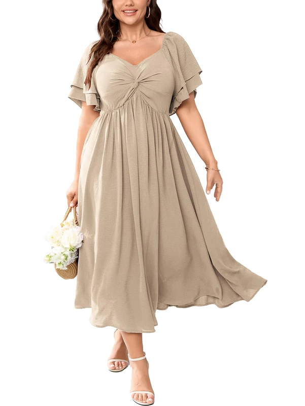 SCOMCHIC Women's Plus Size Wedding Guest Cocktail Dresses Sweetheart Neckline Ruffle Sleeve A Line Maxi Dress, Beige, XXL Plus