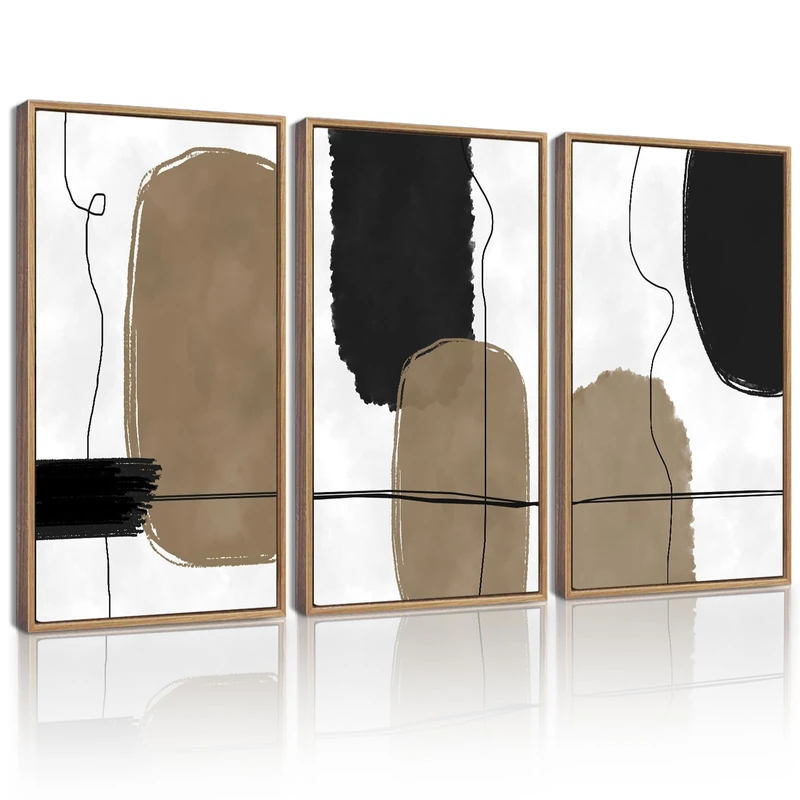 KUVIOKE Abstract Wall Art Framed Neutral Beige Mid Century Textured Artwork Black Minimalist Line Modern Illustrations Bedroom Hallway Ready to Hang 16x24in (Natural Framed)