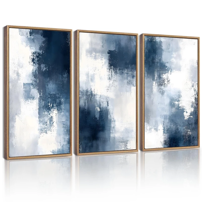 KUVIOKE Navy Blue Abstract Wall Art Framed Neutral Brush Strokes Block Shape Mid Century Art Prints Minimalist Modern Illustrations Bedroom Hallway 16x24in (Natural Framed)