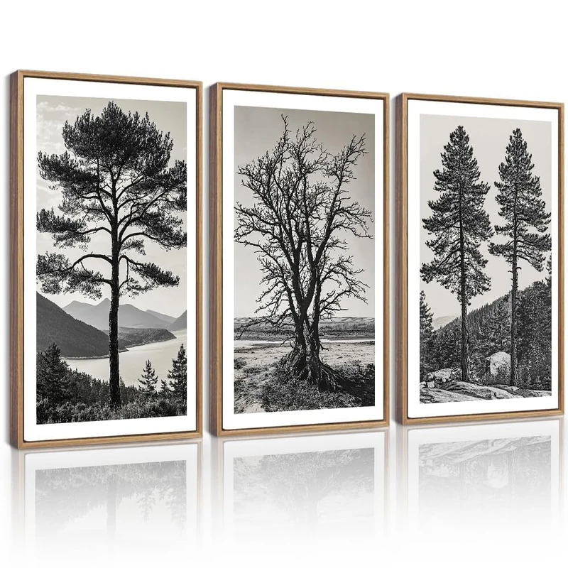 KUVIOKE Vintage Tree Framed Wall Art Black and White Retro Antique Forest Drawings Nature Wilderness Sketch Wall Painting Modern Bedroom Decor 16x24in (Natural Framed)