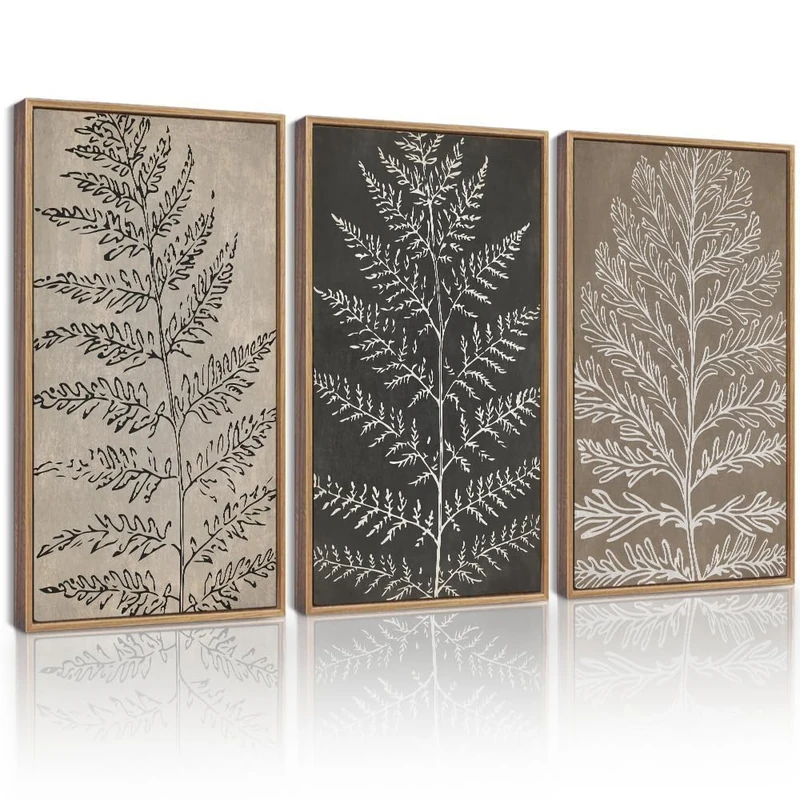 KUVIOKE Vintage Botanical Framed Wall Art Bohemian Tan Plant Leaf Wall Decor Nature Fern Plant Silhouette Wall Painting Home Decor 16x24in (Natural Framed)