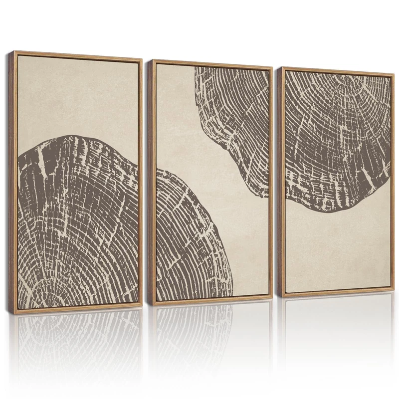 KUVIOKE Tree Rings Wood Framed Wall Art Modern Retro Beige Wood Stump Wall Decor Nature Rustic Artwork Farmhouse Home Decor 16x24in (Natural Framed)