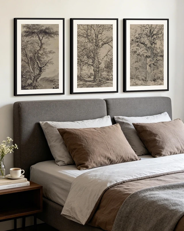 KUVIOKE Vintage Tree Framed Wall Art Retro Forest Paintings Antique Nature Wilderness Sketch Modern Living Room Bedroom Decor 16x24in (Black Framed)