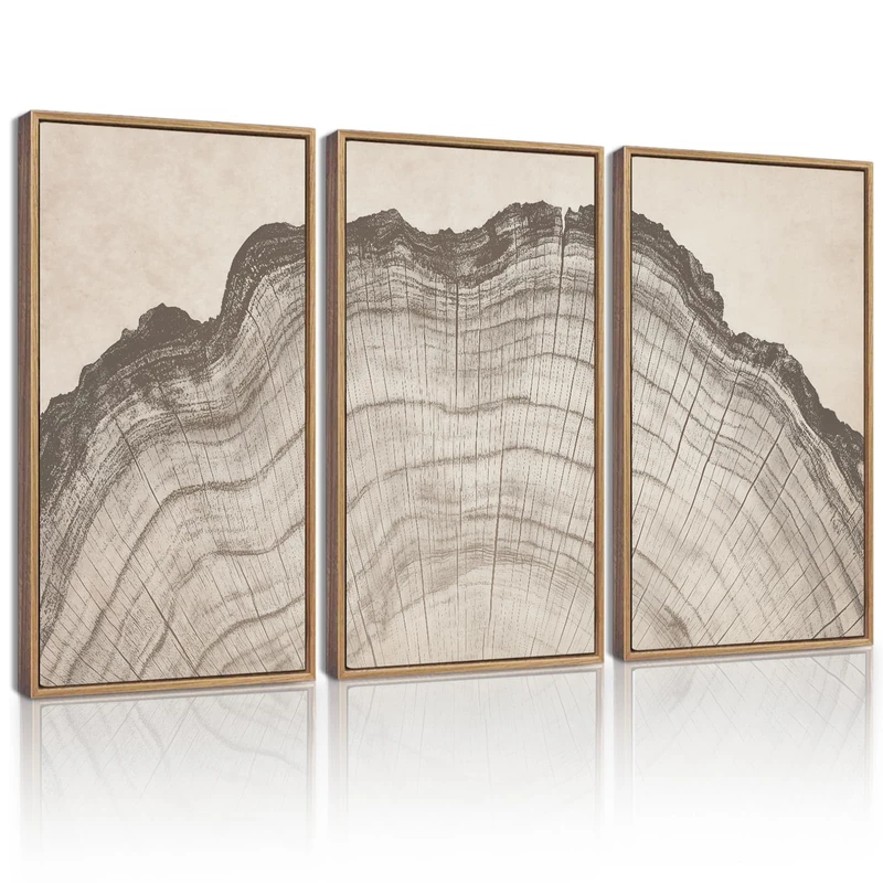 KUVIOKE Boho Vintage Antique Tree Wall Art Framed Neutral Retro Tree Rings Wood Prints Rustic Nature Illustrations Bedroom Living Room 16x24in (Natural Framed)
