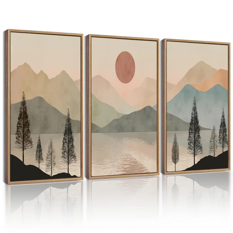 KUVIOKE Vintage Landscape Framed Wall Art Mountain Range Wall Decor Ink Wash Watercolor Nature Laker Sun Rises Prints Bedroom Living Dining Room Ready to Hang 16x24in (Natural Framed)