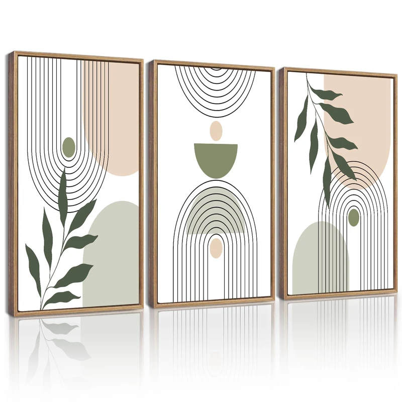 KUVIOKE Boho Green Sage Neutral Wall Art Framed Bohemain Botanical Geometric Modern Wall Prints Decor Ready to Hang 16x24in (Natural Framed)