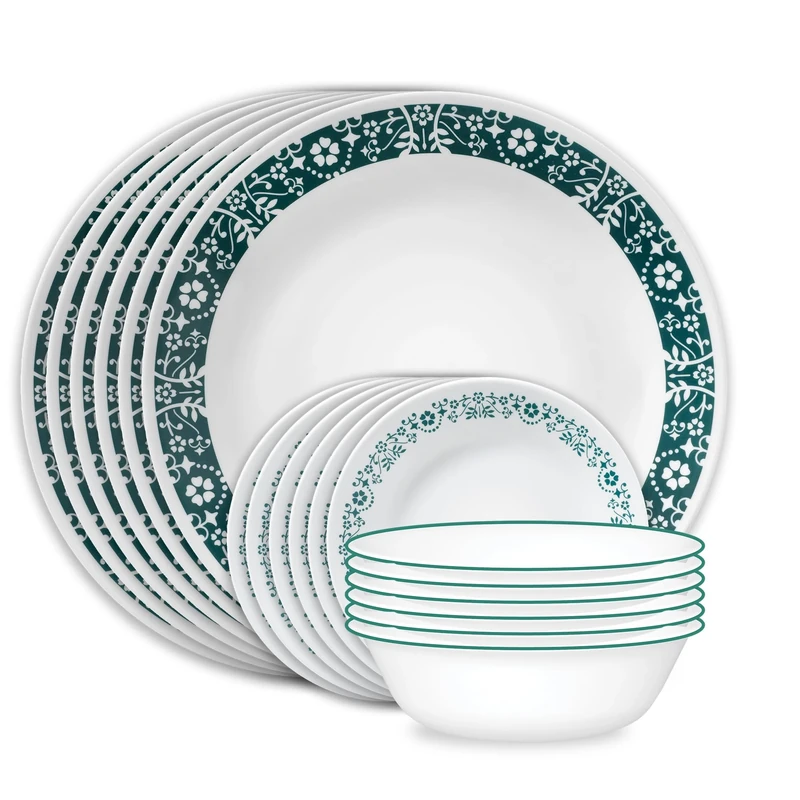 Corelle Vitrelle 18 Piece Glass Dinnerware Sets Service for 6, Triple Layer Chip & Crack Resistant Glass Plate and Bowl Sets, Penelope