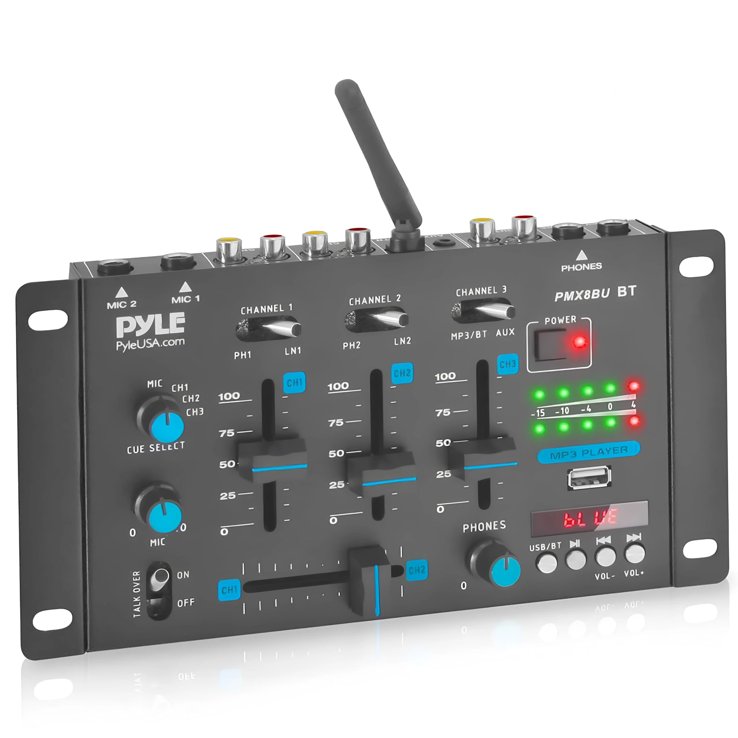 Pyle 3-Channel Professional DJ Mixer – Bluetooth Audio Controller with USB Interface, Mic Talkover, Dual RCA Phono/Line Inputs, Headphone Output & Mic Input – Wireless Compatible