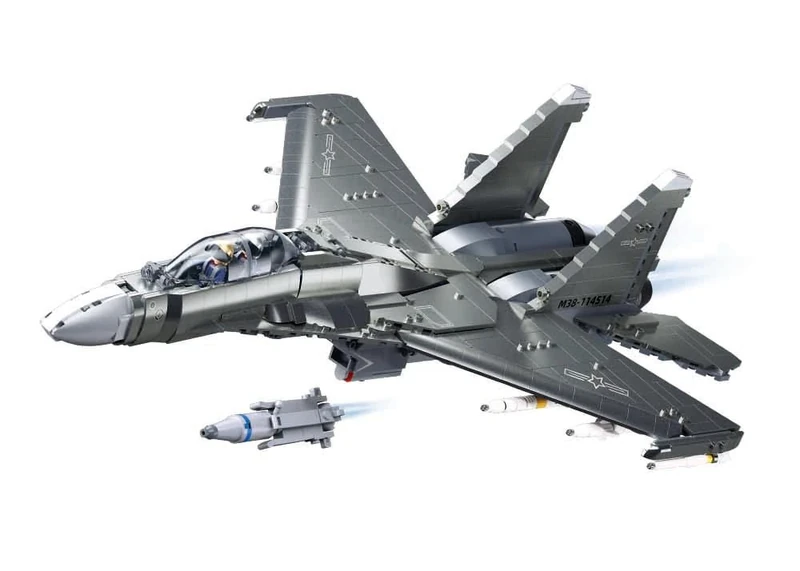 Military Fighter Jet Building Block Model Kit, J-15 Aircraft Display Set with Stand, Grey, M38-B1273