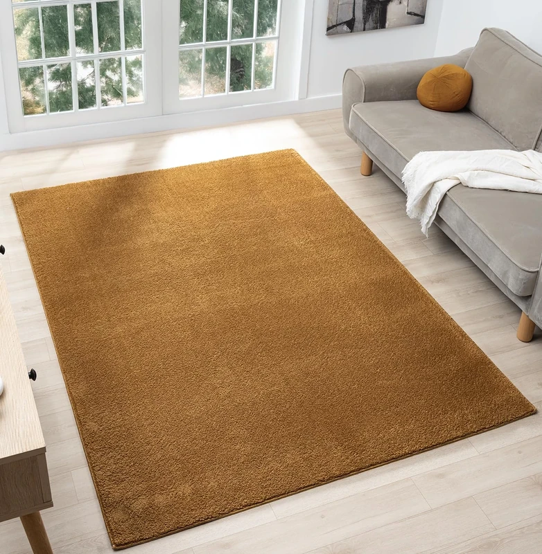 Rugs by Desire Comfy Washable Modern Living Room Rug Polyester Plain Indoor Area Rug with Low Pile - Anti-Slip Felt Backing SuperSoft Carpet Bedroom-Hallway, Gold, 200x280 cm