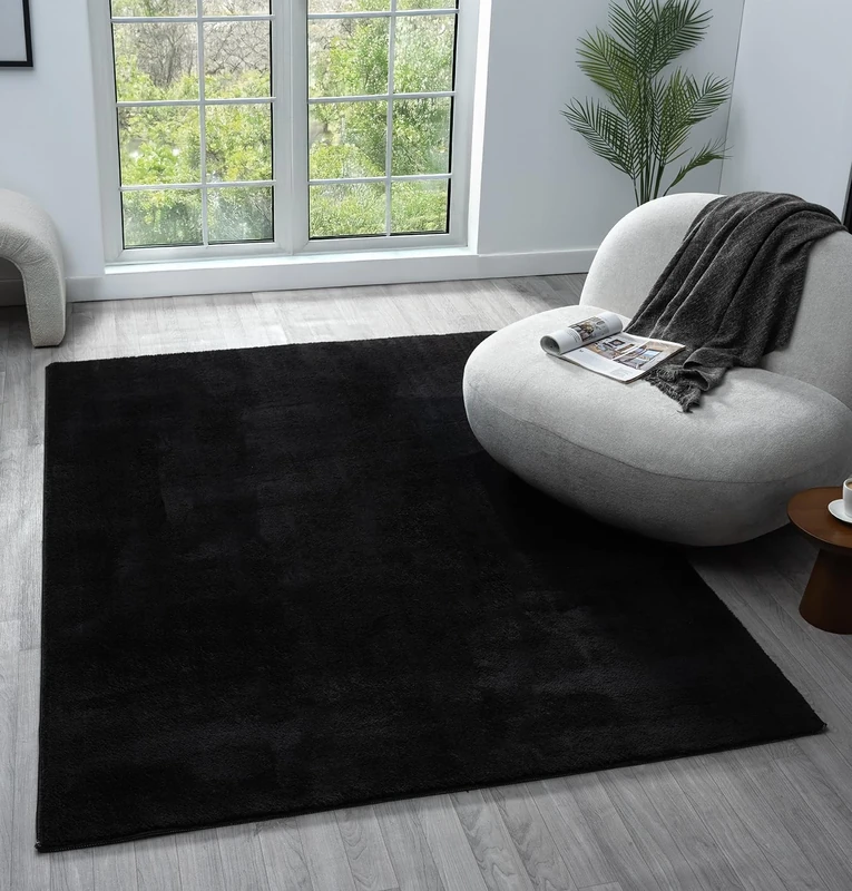 Comfy Washable Modern Living Room Rug Polyester Plain Indoor Area Rug with Low Pile - Anti-Slip Felt Backing SuperSoft Carpet Bedroom-Hallway, Black, 160x220 cm