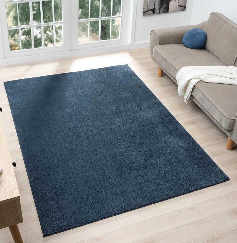 Comfy Washable Modern Living Room Rug Polyester Plain Indoor Area Rug with Low Pile - Anti-Slip Felt Backing SuperSoft Carpet Bedroom-Hallway, Navy, 200x280 cm