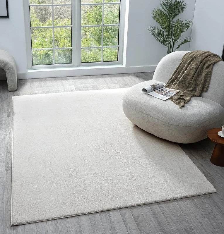 Comfy Washable Modern Living Room Rug Polyester Plain Indoor Area Rug with Low Pile - Anti-Slip Felt Backing SuperSoft Carpet Bedroom-Hallway, Cream, 200x280 cm
