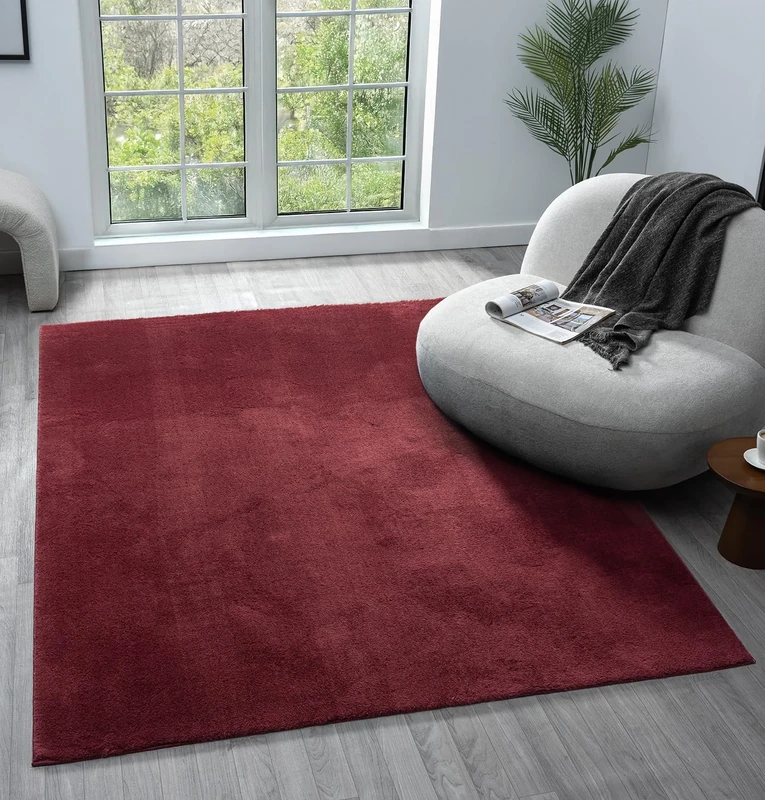 Comfy Washable Modern Living Room Rug Polyester Plain Indoor Area Rug with Low Pile - Anti-Slip Felt Backing SuperSoft Carpet Bedroom-Hallway, Red, 160x220 cm