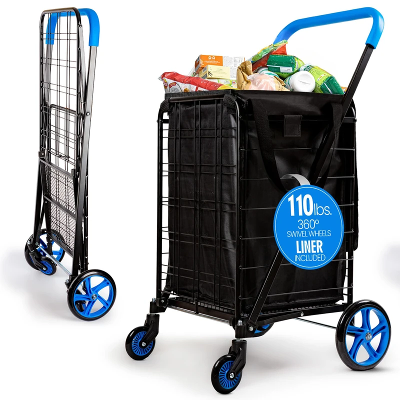 SereneLife Large Foldable Shopping Cart, 19" x 22.7" x 41" Collapsible Grocery Cart with 360° Swivel Wheels, Removable Weatherproof Liner, 110 lbs. Capacity, Convenient and Portable (Blue)