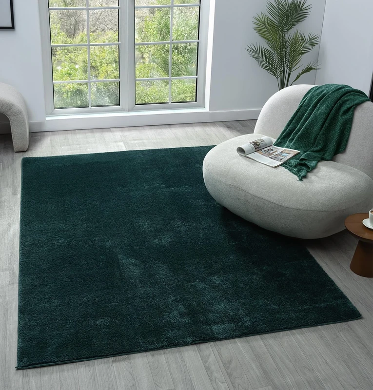 Comfy Washable Modern Living Room Rug Polyester Plain Indoor Area Rug with Low Pile - Anti-Slip Felt Backing SuperSoft Carpet Bedroom-Hallway, Emerald, 160x220 cm