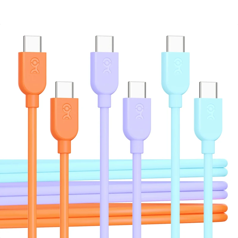 Cable Matters 3-Pack USB C Charging Cable 3ft in Orange Blue Purple, Up to [60W Charging, 480Mbps] Apple CarPlay, Android Auto, USB C Cable for iPhone 16/15, Galaxy S24, iPad Pro