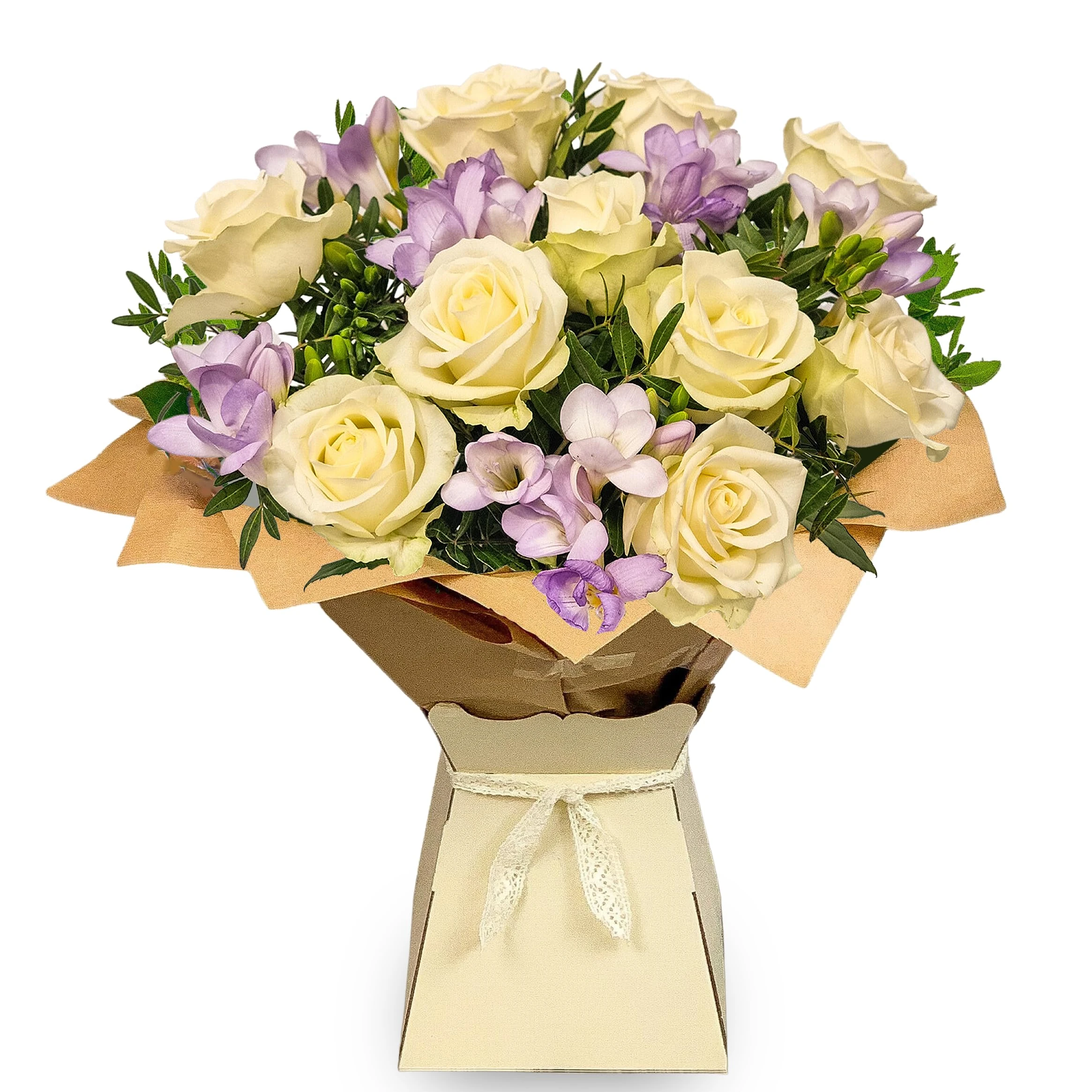 Fresh Flowers Bouquet - Hand-Tied White & Lilac Roses, Freesia & Foliage | Birthday, Mother's Day, Get Well, Thank You | UK Delivery