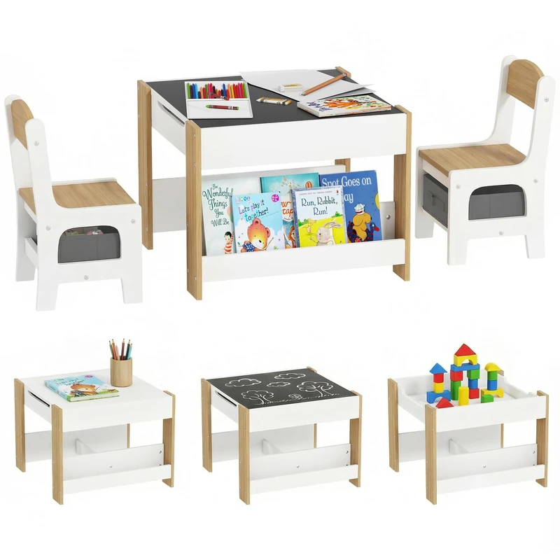 HOMCOM 3 Piece Kids Table and Chair Set, 3 in 1 Design Kids Desk and Chair Set with Blackboard, Storage, Bookshelves, for Nursery, Playroom, Classroom - Natural Wood