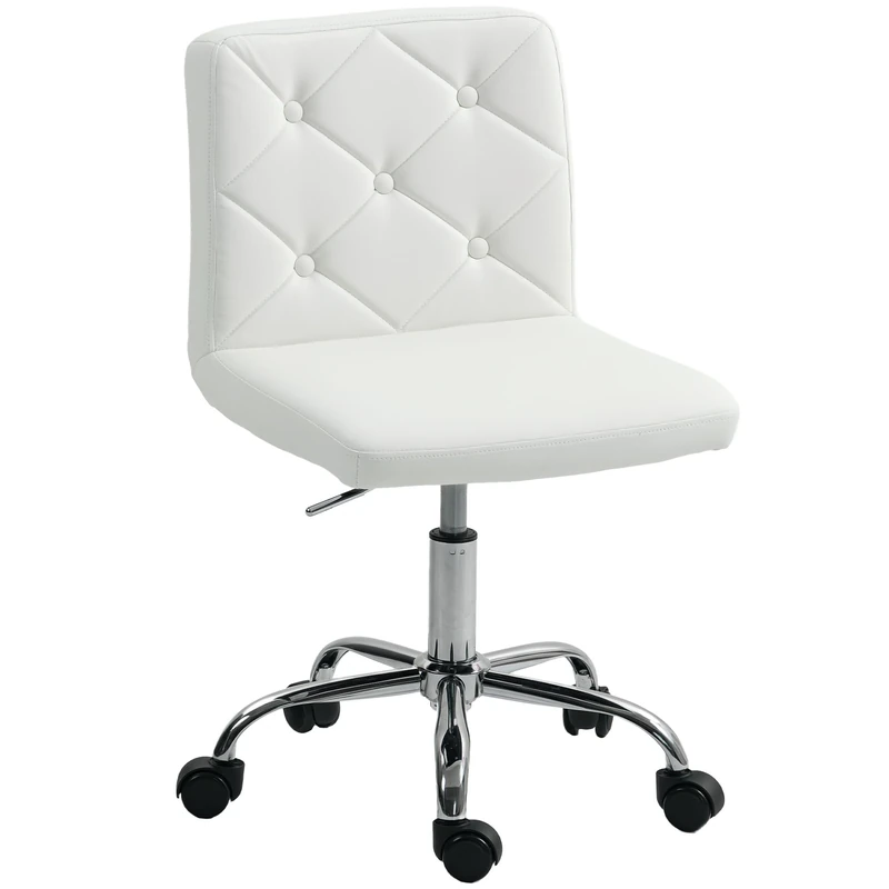 HOMCOM PU Leather Armless Office Chair, Modern Vanity Computer Swivel Chair with Rolling Wheels and Adjustable Height for Home Study, Bedroom, White - Image 1