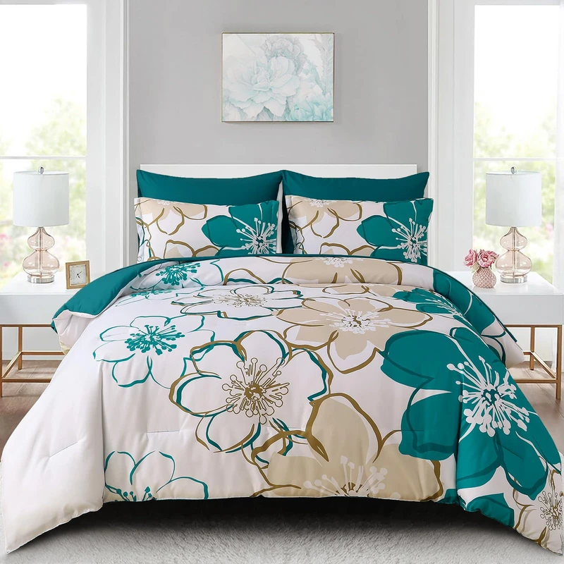 Anibedding 7Pieces Teal Grey Floral Comforter Set King Size, Soft Microfiber Grey Blue Bed in a Bag Comforter Set with Sheets for All Season
