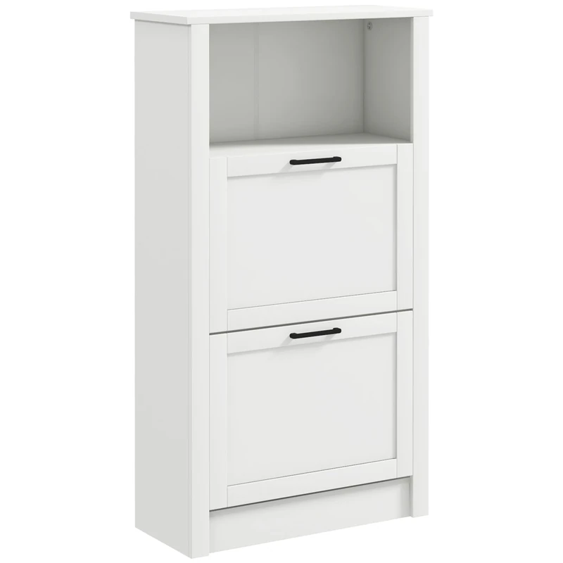 HOMCOM Modern Shoe Cabinet with 2 Flip Drawers and Adjustable Shelves, Narrow Shoe Storage Cabinet with Open Compartment, Holds 10 Pairs for Entryway, Hallway, White