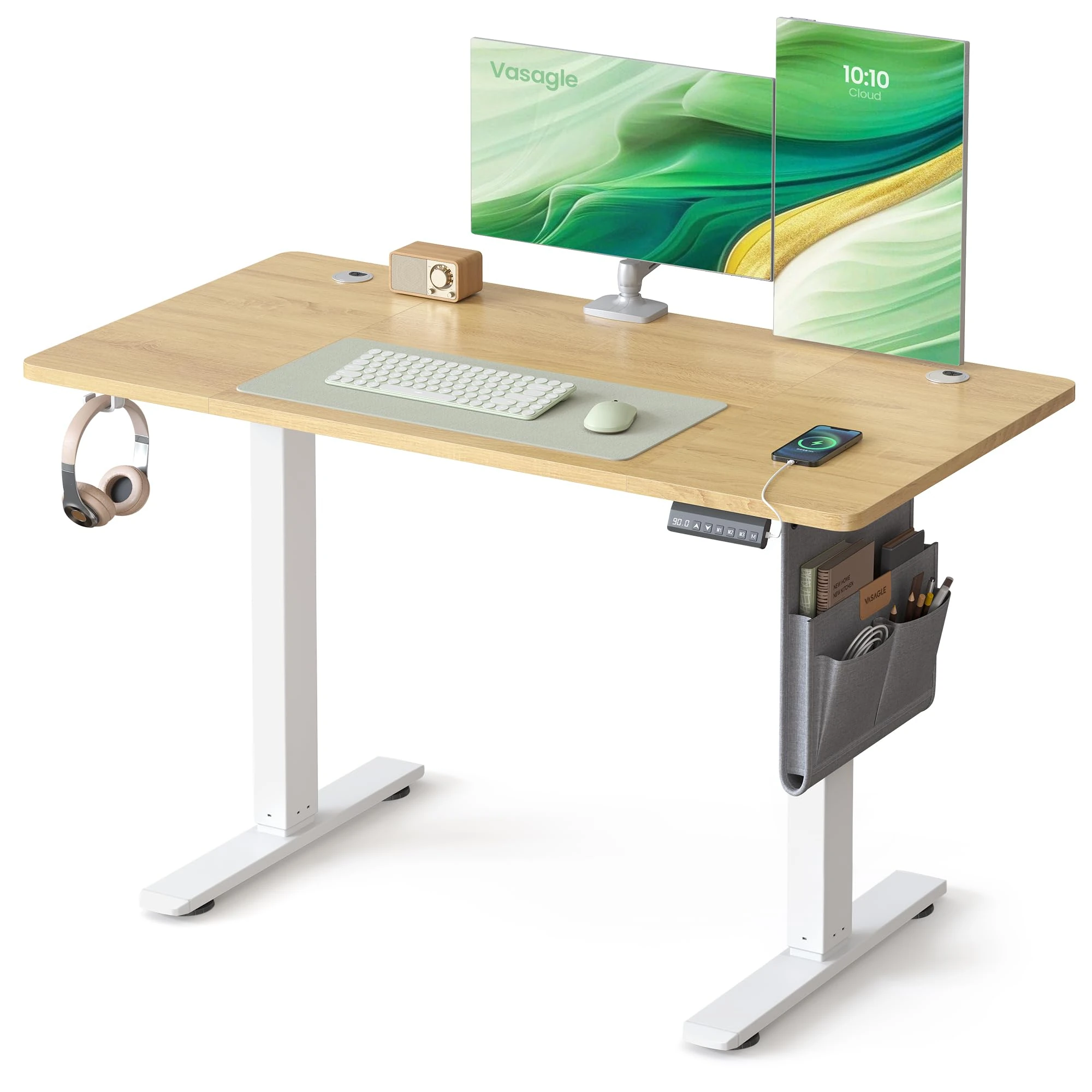 VASAGLE Electric Standing Desk, Height Adjustable Desk, 120 x 60 cm, 4 Memory Heights, USB-C Port, Storage Pocket, for Home Office, Study, Golden Oak LSD132YA02