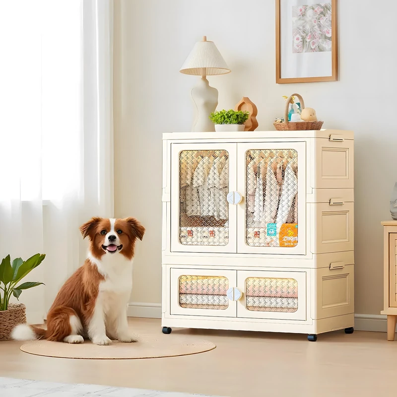 Collapsible Wardrobe, Portable Cabinet, Plastic Folding Chest of Drawers with Clothes Rail, Wardrobe with Double Doors, Foldable Multipurpose Cabinet with Wheels (1 Hanger + 1 Storage)