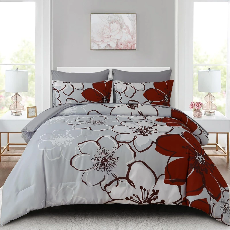 Anibedding 7Pieces Red Floral Comforter Set King Size, Soft Microfiber Red Grey Bed in a Bag Comforter Set with Sheets for All Season