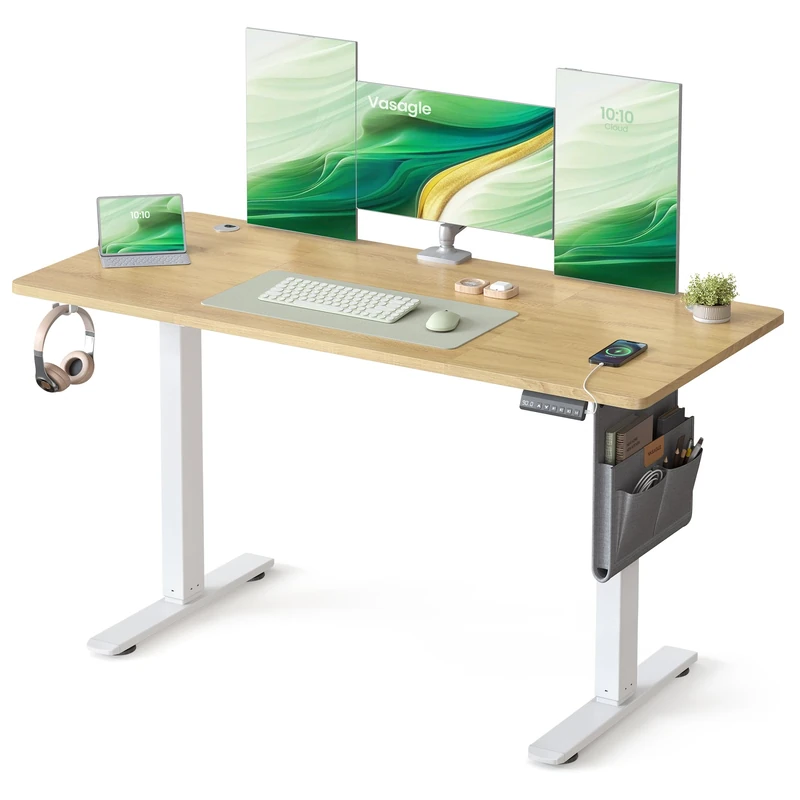 VASAGLE Electric Standing Desk, Height Adjustable Desk, 140 x 60 cm, 4 Memory Heights, USB-C Port, Storage Pocket, for Home Office, Study, Golden Oak LSD134YA02